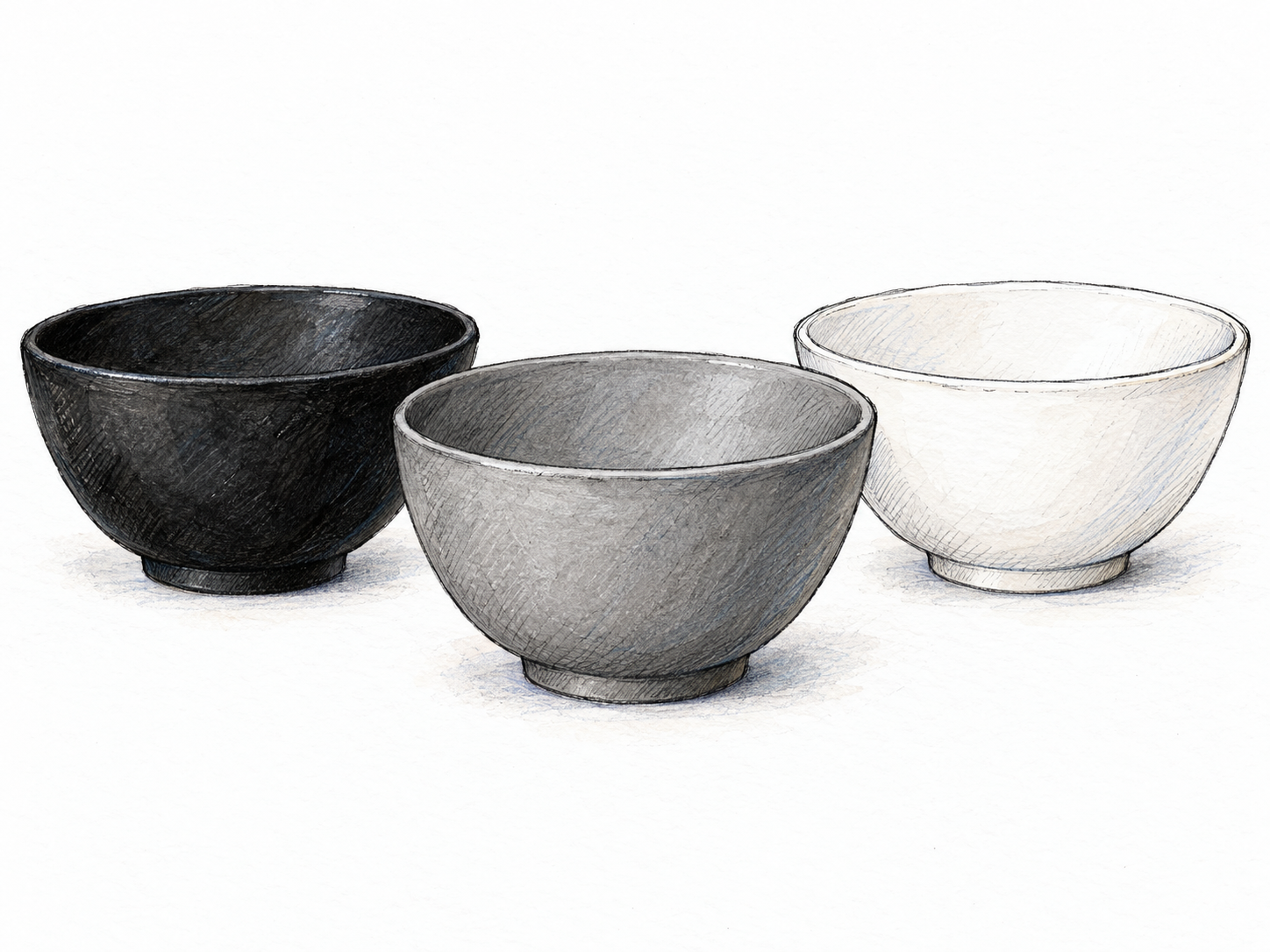 Three identical matte ceramic bowls in a simple row: black on the left, neutral medium gray in the center, and white on the right.