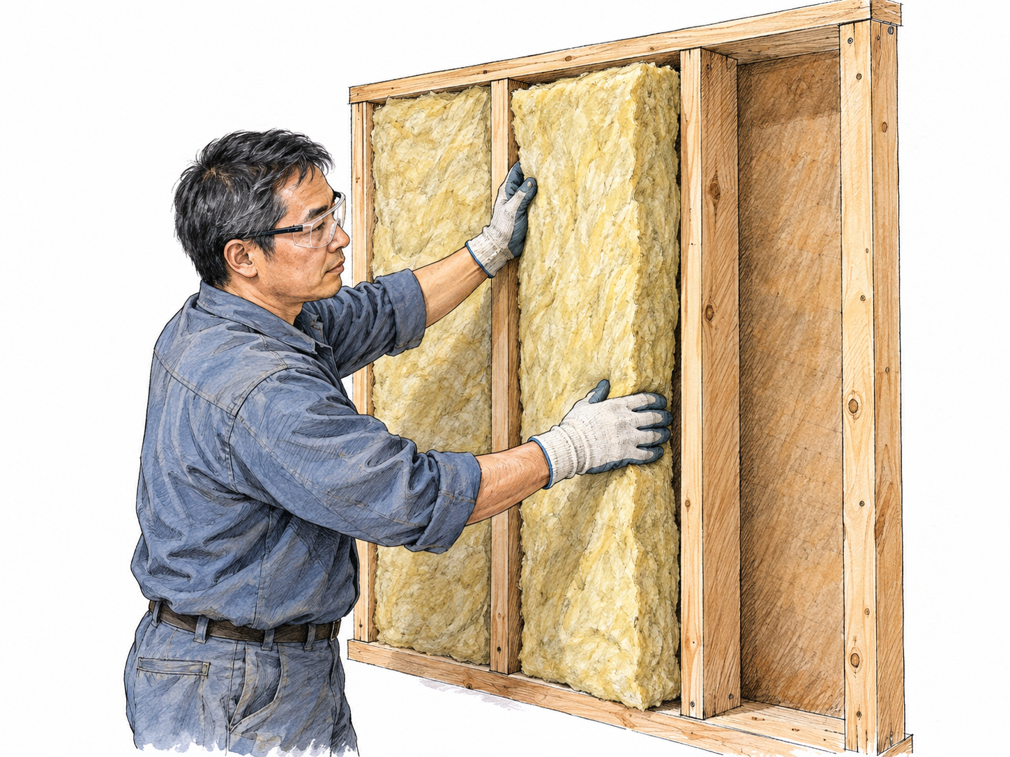 A worker fits a thick insulation batt snugly between exposed wall studs, making the protective thermal layer visibly distinct from the wall structure.