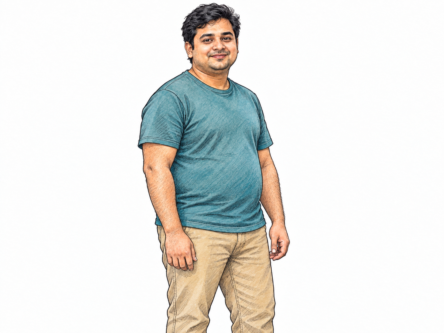 A comfortably posed young adult man with rounded cheeks, a gently full waist, and softly rounded limbs, conveying a pleasantly rounded build without exaggeration.