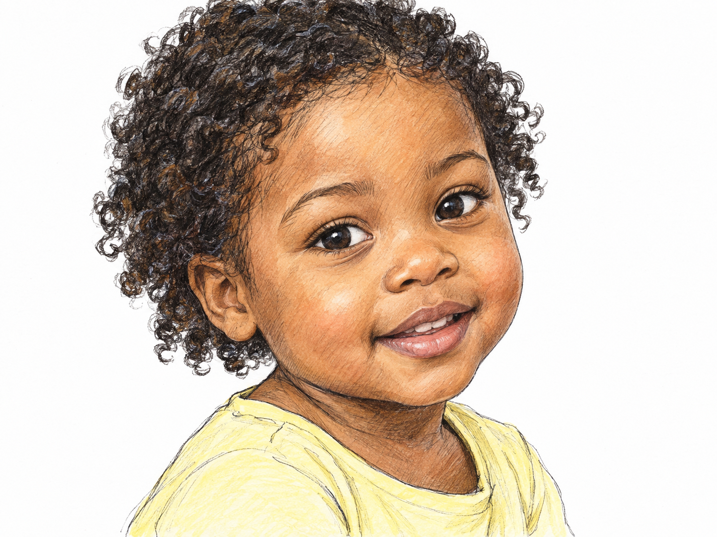 A real young child has round cheeks and a gentle smiling face.