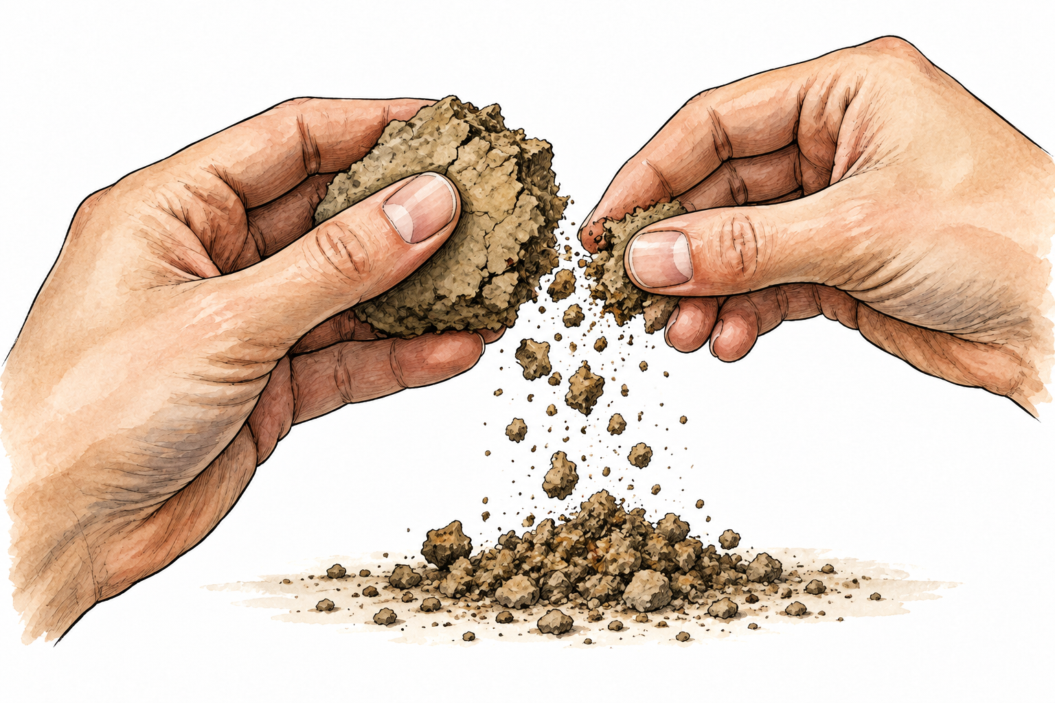 A dry clod of soil crumbles easily between gently pressing fingertips into many small particles, object-focused.