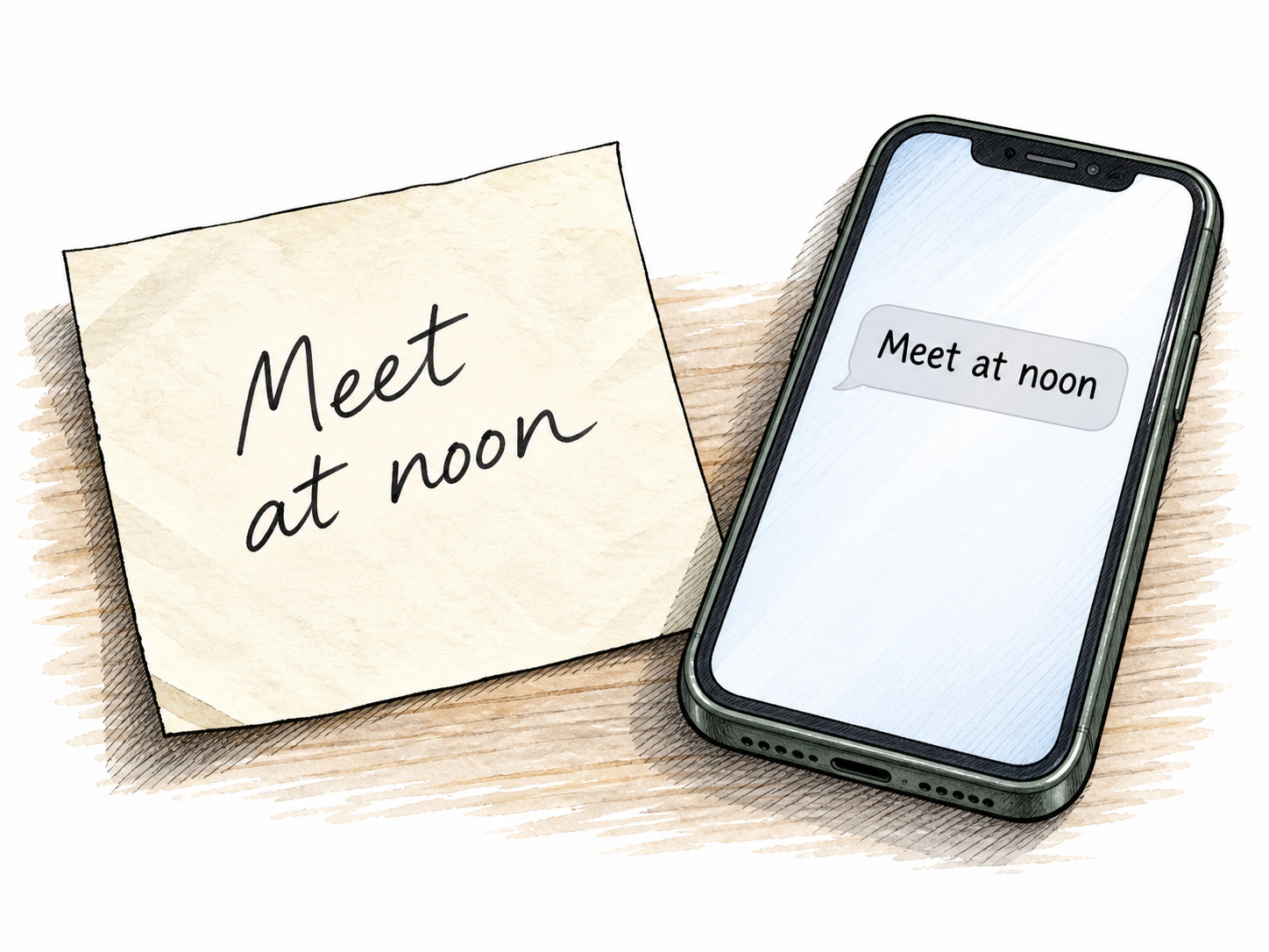 Close view of a simple paper note containing only the brief functional message 'Meet at noon', alongside a phone showing the same message.
