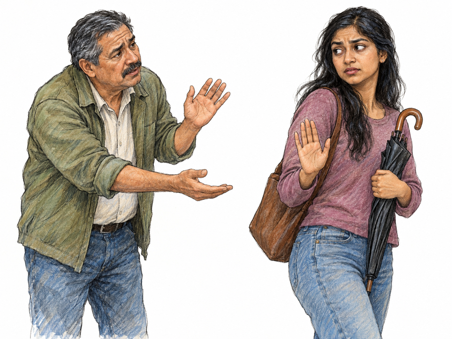 An older man persistently asks a young woman to lend him her umbrella, continuing his pleading gesture as she turns away with a weary refusal.