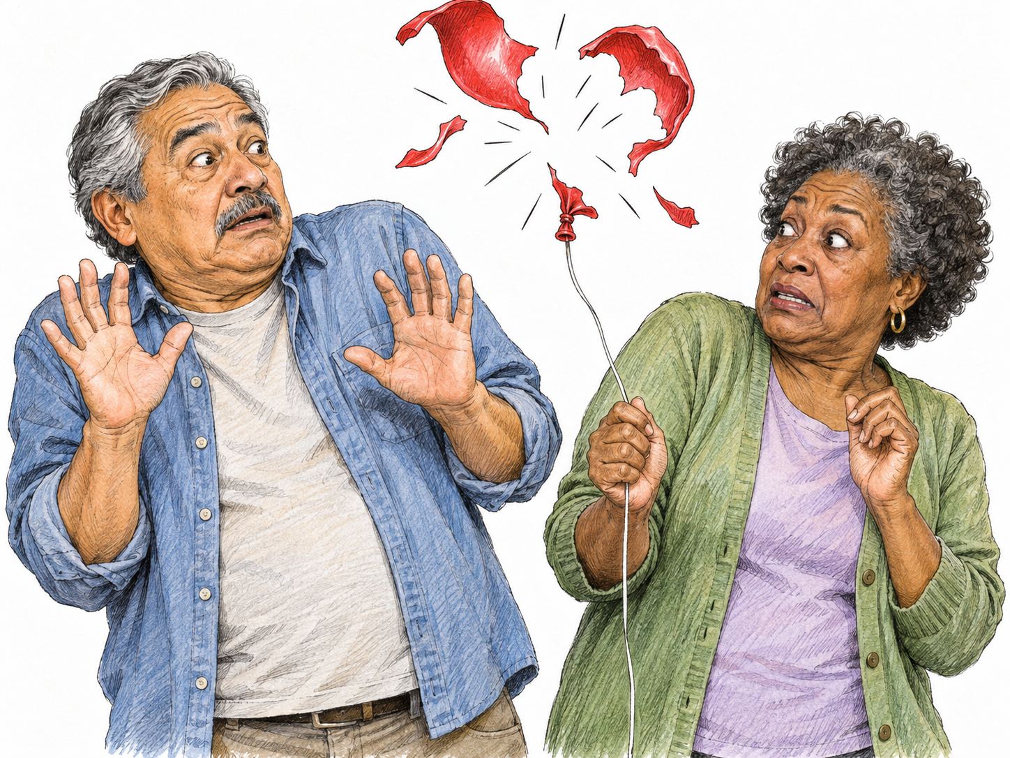 A balloon bursts beside an older man, making him jerk backward with raised shoulders and open hands.