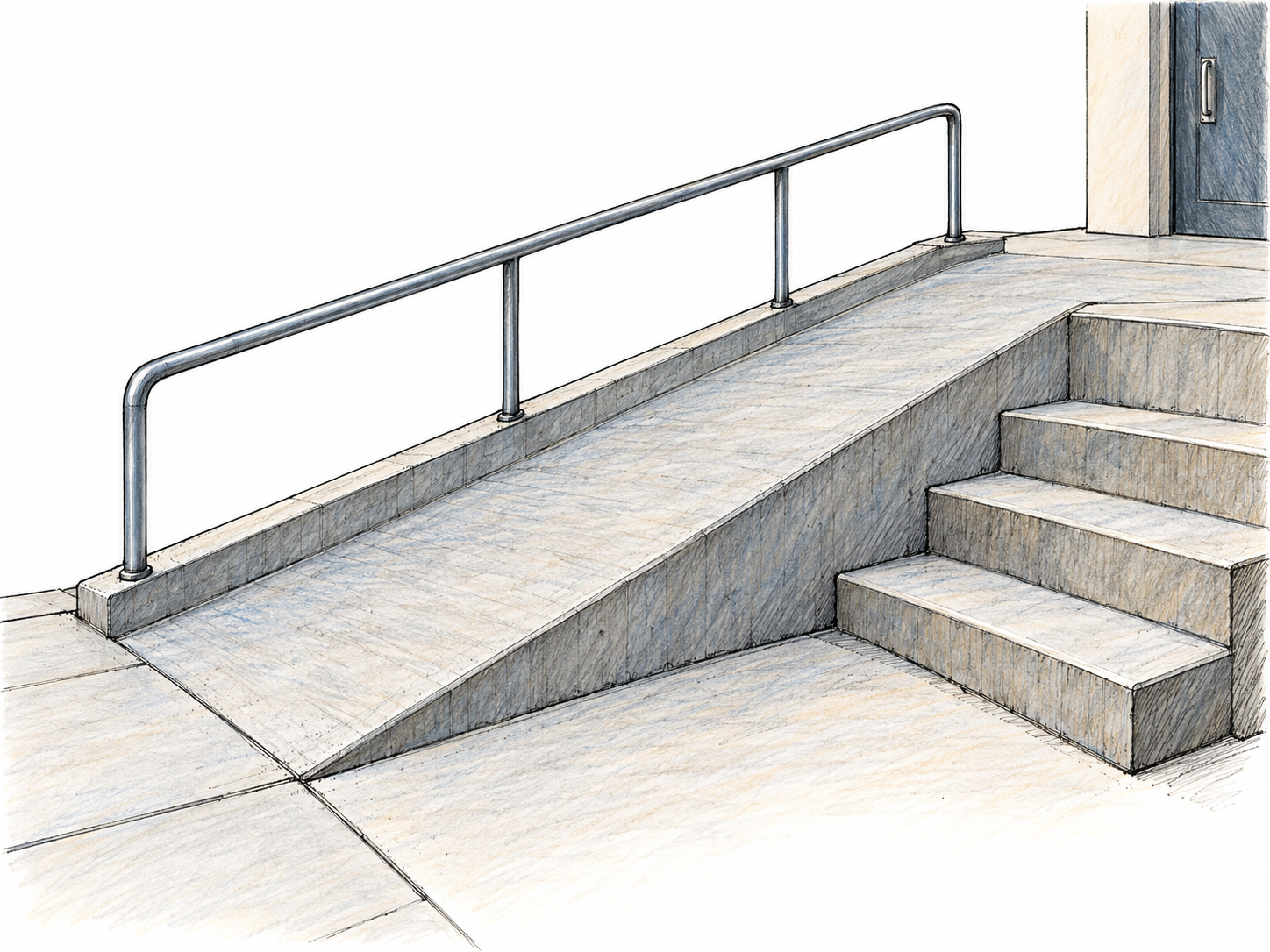 A simple broad access ramp slopes from a lower paved landing to a raised entrance platform, with adjacent steps making the difference in levels unmistakable.
