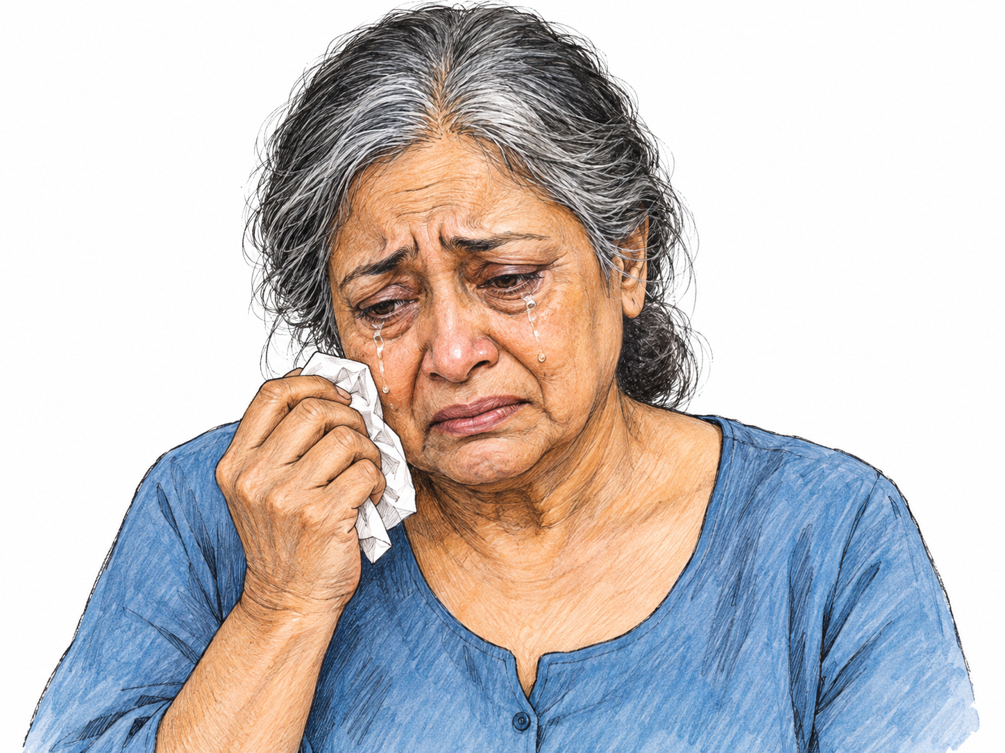 A close view of an older woman weeping, with visible tears running down both cheeks, a distressed brow and downturned mouth, and a tissue held beneath one cheek.