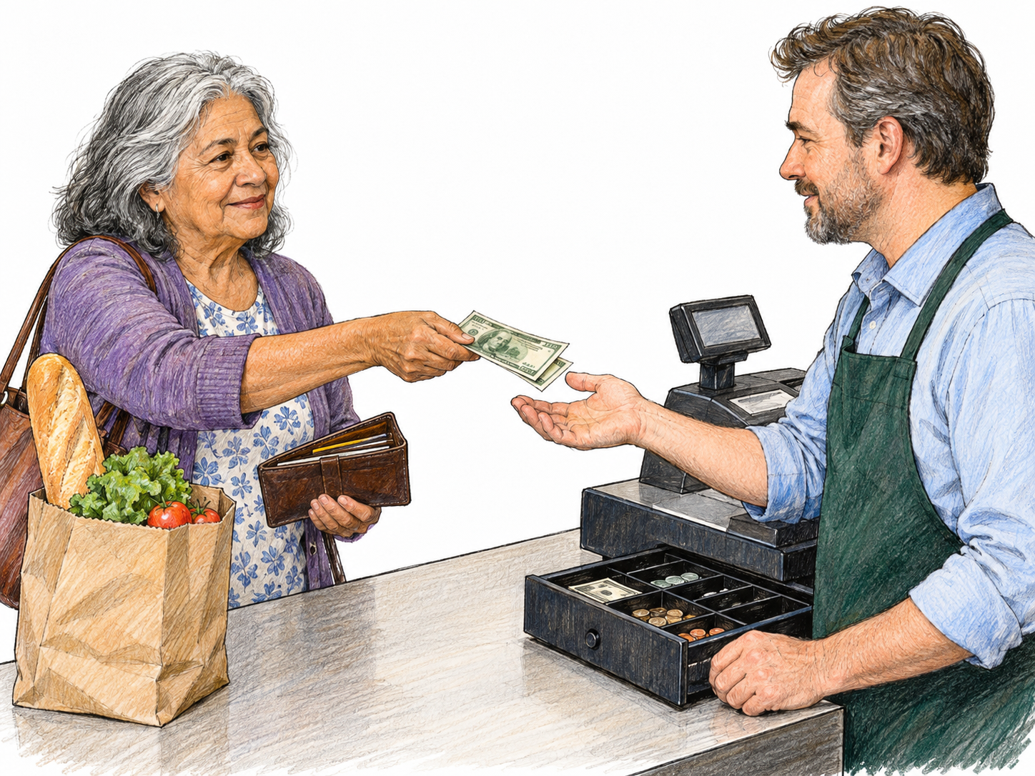 An older woman pays for groceries at a checkout, extending cash to the cashier across the counter.