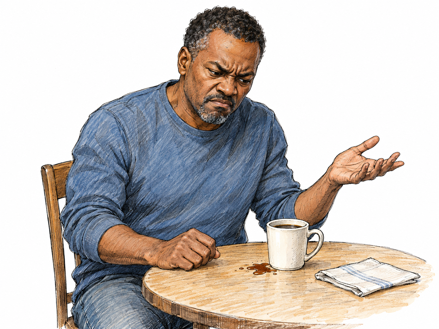 A man reacts with disproportionate irritation to a tiny splash of coffee beside his cup, scowling and raising one hand in an impatient gesture.