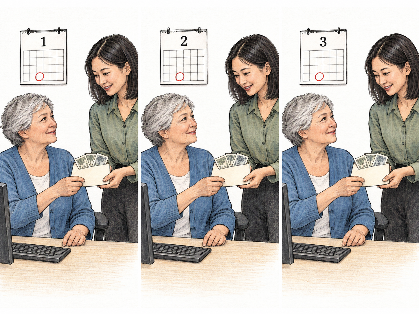 A compact three-panel sequence shows the same office employee receiving the same amount of pay at the same point in three successive months, making fixed regular compensation for work visible.
