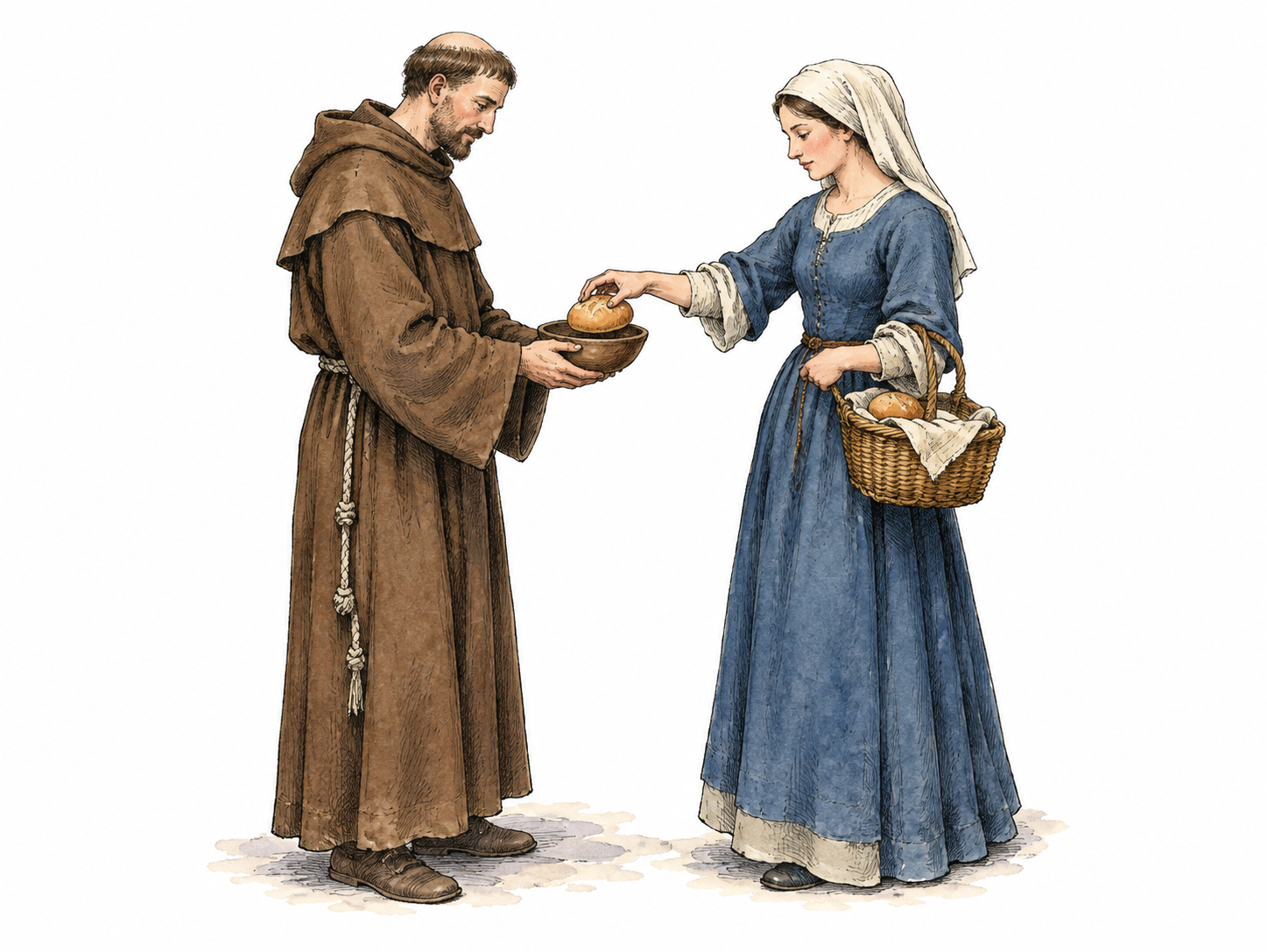 A medieval mendicant friar in plain brown robe holds an empty alms bowl while a passerby places a small loaf into it.