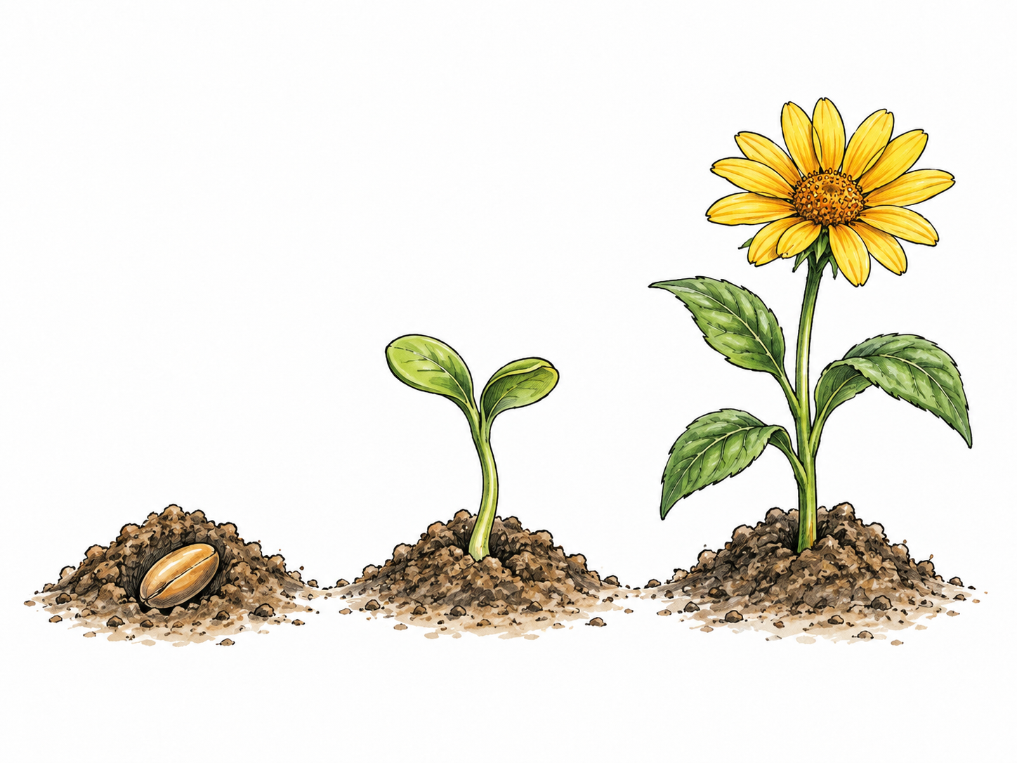 Three small sequential drawings show a seed planted, sprout emerging and plant flowering in clear logical order, connected consistent story rather than unrelated pictures.
