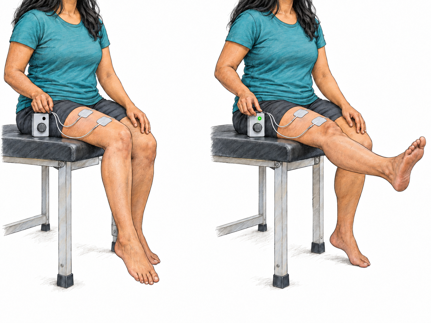 An electrical muscle stimulator demonstrated in two large matched views: the connected leg hangs relaxed with the device inactive, then extends with the device activated.