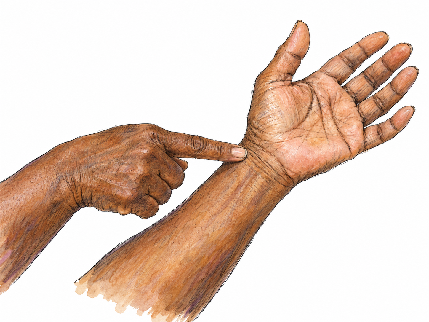 Close-up of a hand and forearm, with the person's other index finger pointing precisely to the wrist crease and the hand gently bent to reveal the connecting joint.