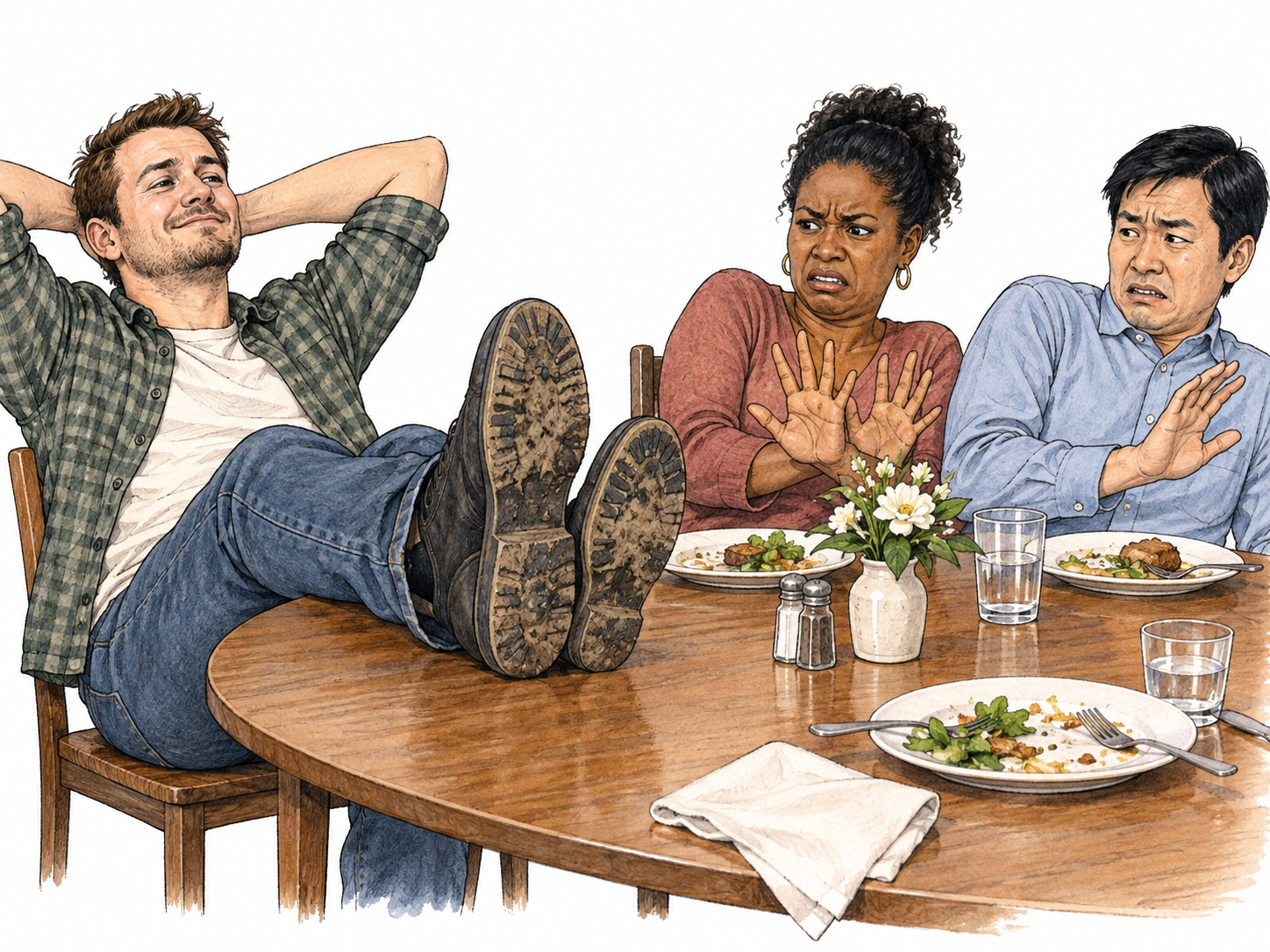 At a small dinner table, person rudely puts dirty shoes on tabletop beside plates while two companions recoil with displeasure; coarse inconsiderate conduct, no speech bubbles.