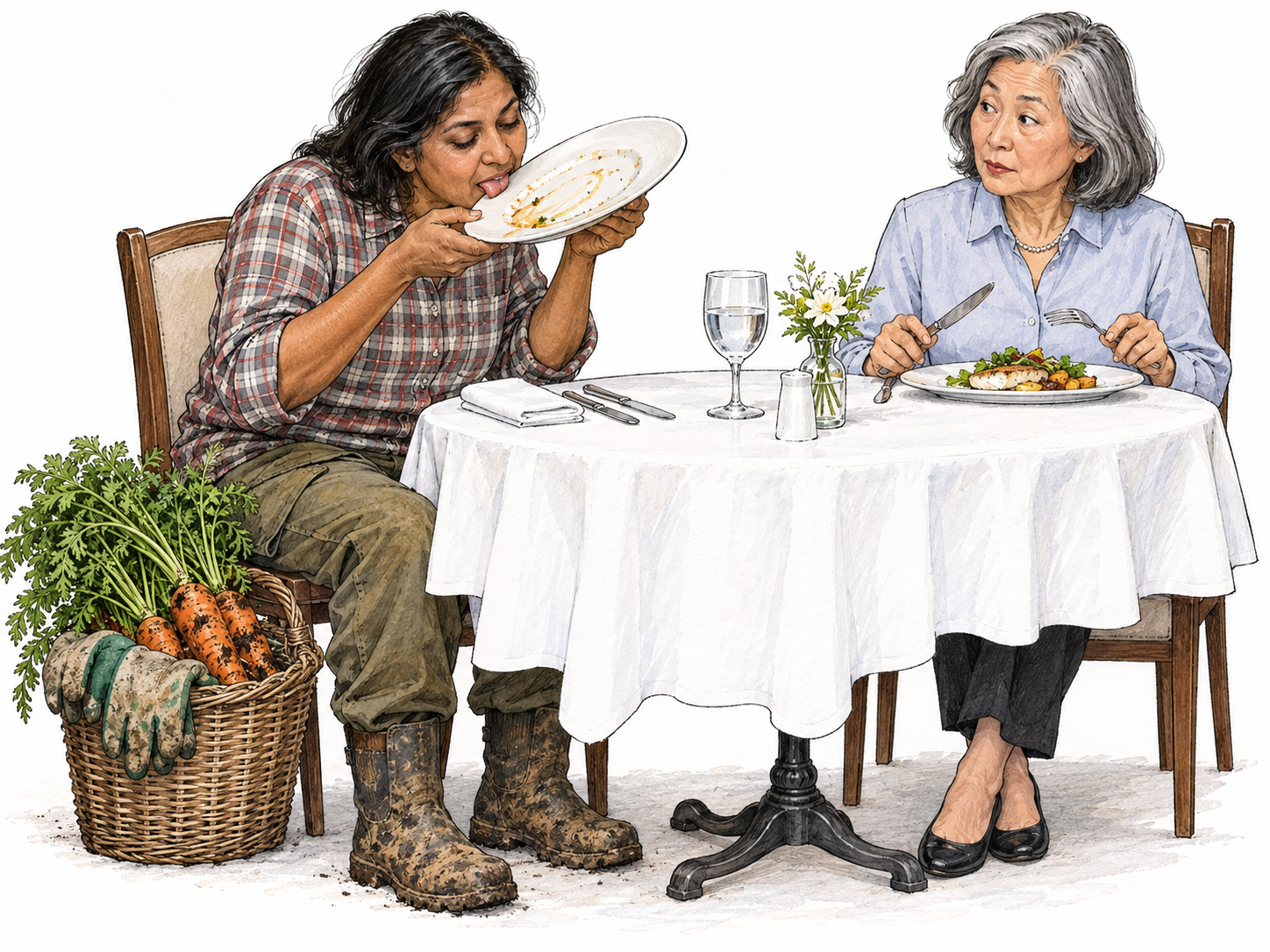 A rural market gardener at a formal restaurant lifts her plate to lick the remaining sauce, while her companion continues eating neatly with cutlery.