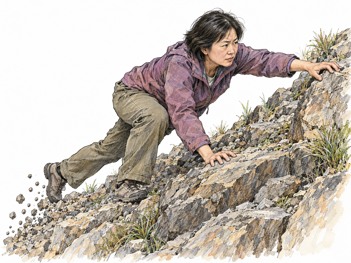 A woman scrambles up a short, loose rocky bank on hands and feet, pitching forward urgently as one foot slips and scatters gravel.