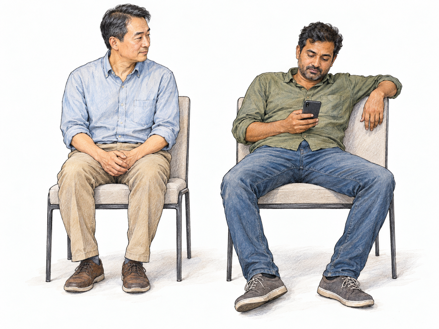 Two men seated side by side in a simple waiting area show contrasting comportment: one upright and composed, the other sprawled and inattentive.