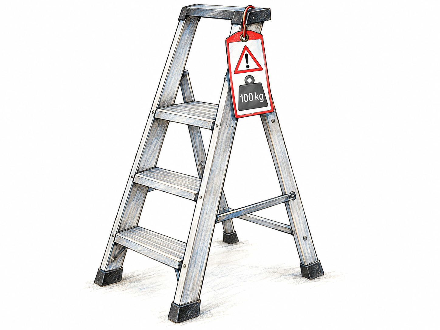 A stepladder with a prominent attached safety tag showing its maximum load: a concrete warning that limits how the equipment may be used.