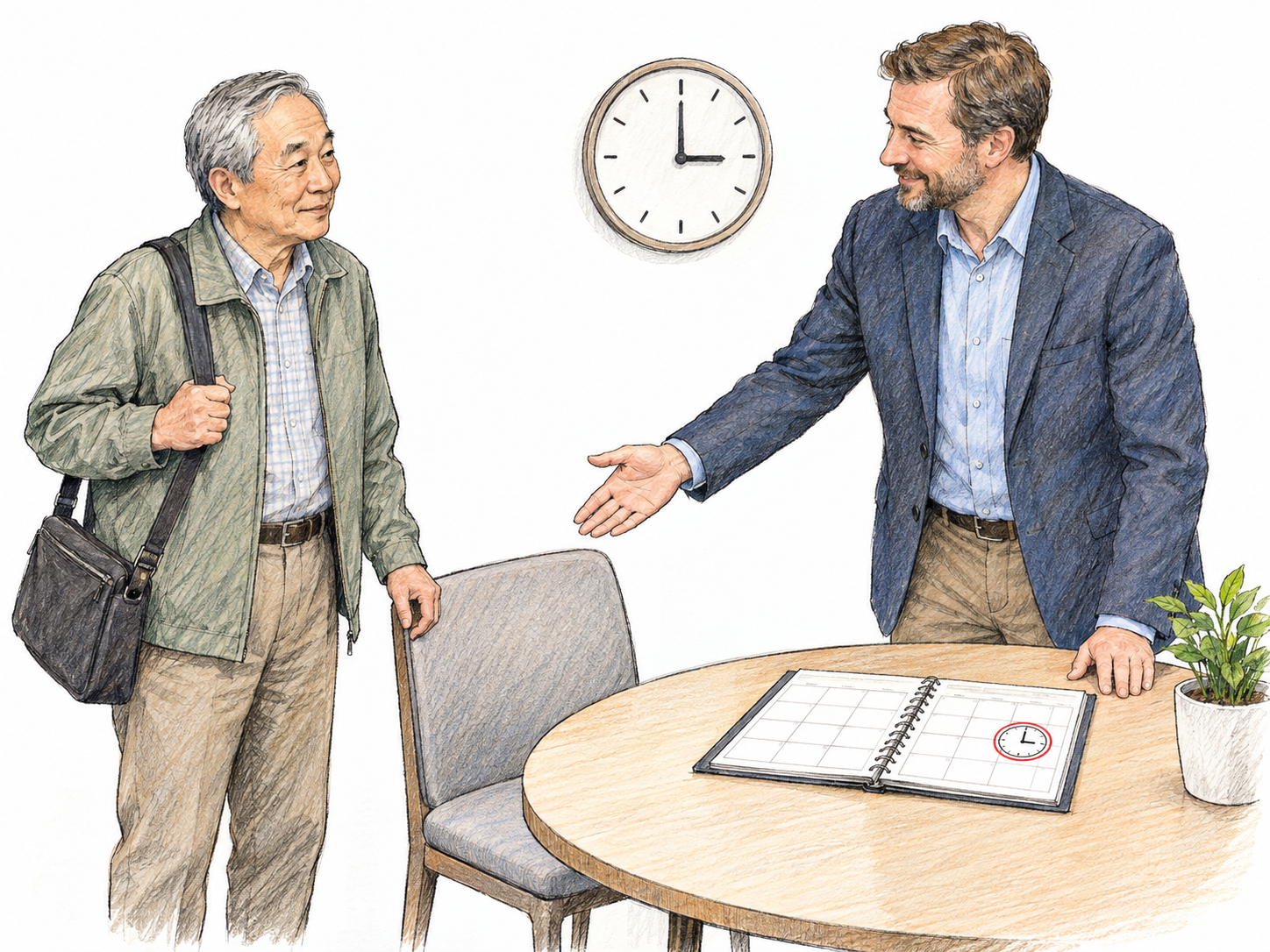 An older man arrives for a scheduled consultation as a middle-aged man welcomes him to a small meeting table.