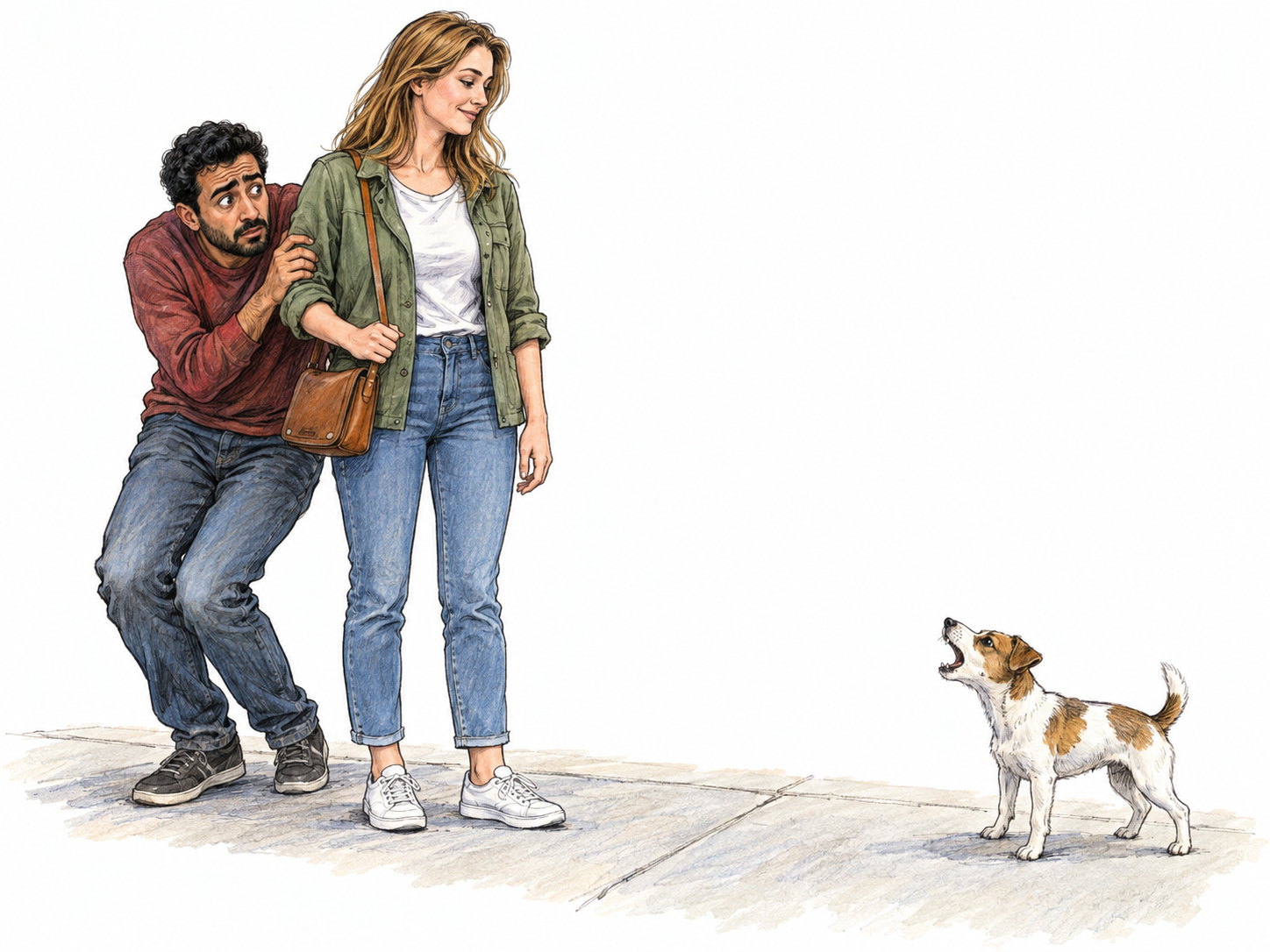 A young man cowers behind a calm young woman, gripping her shoulder and using her as a shield from a tiny barking dog several feet away.