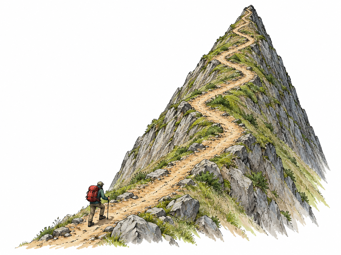 Single short path climbs sharply up steep triangular hillside, strong high-angle slope emphasized by tiny hiker at base; bare minimal terrain on white, no panorama.