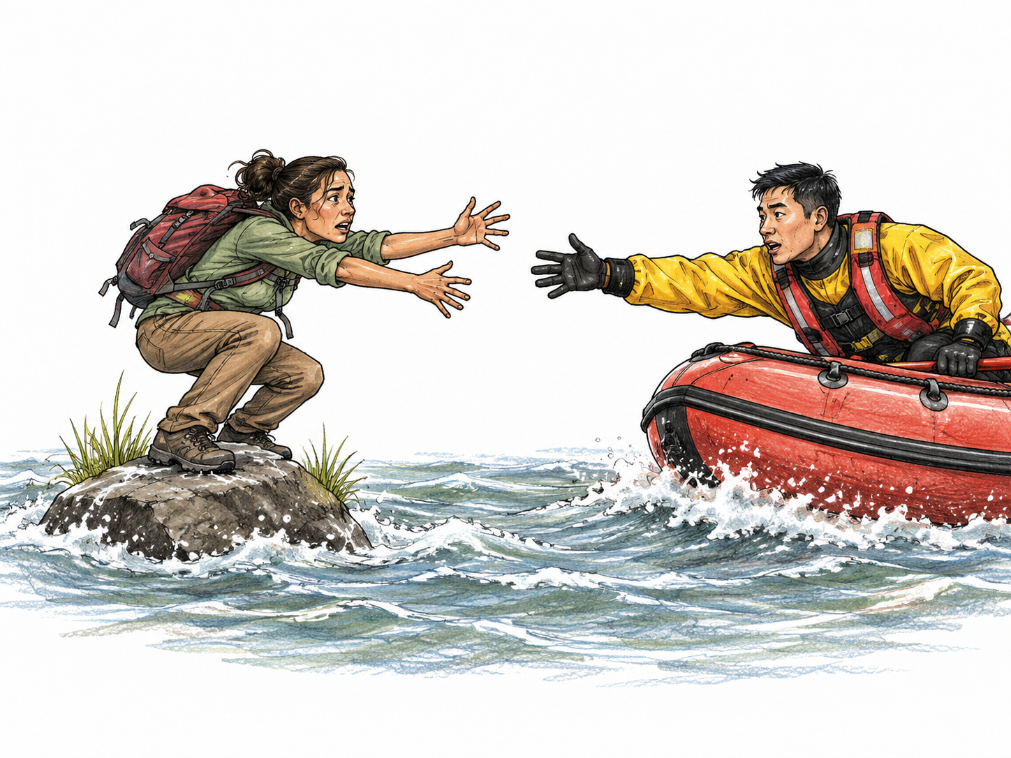 A stranded hiker urgently stretches both arms toward a rescue boat approaching a small exposed river rock as water rises.
