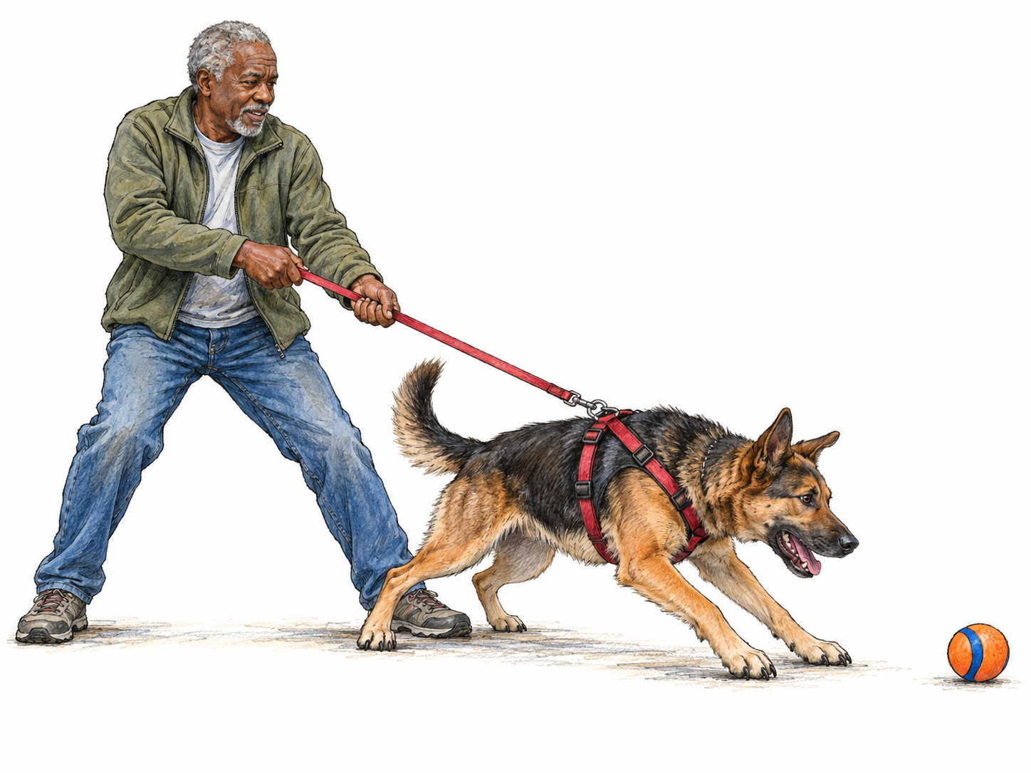 An older man controls a large dog pulling toward a ball by holding its leash firmly, visibly restraining its forward movement.