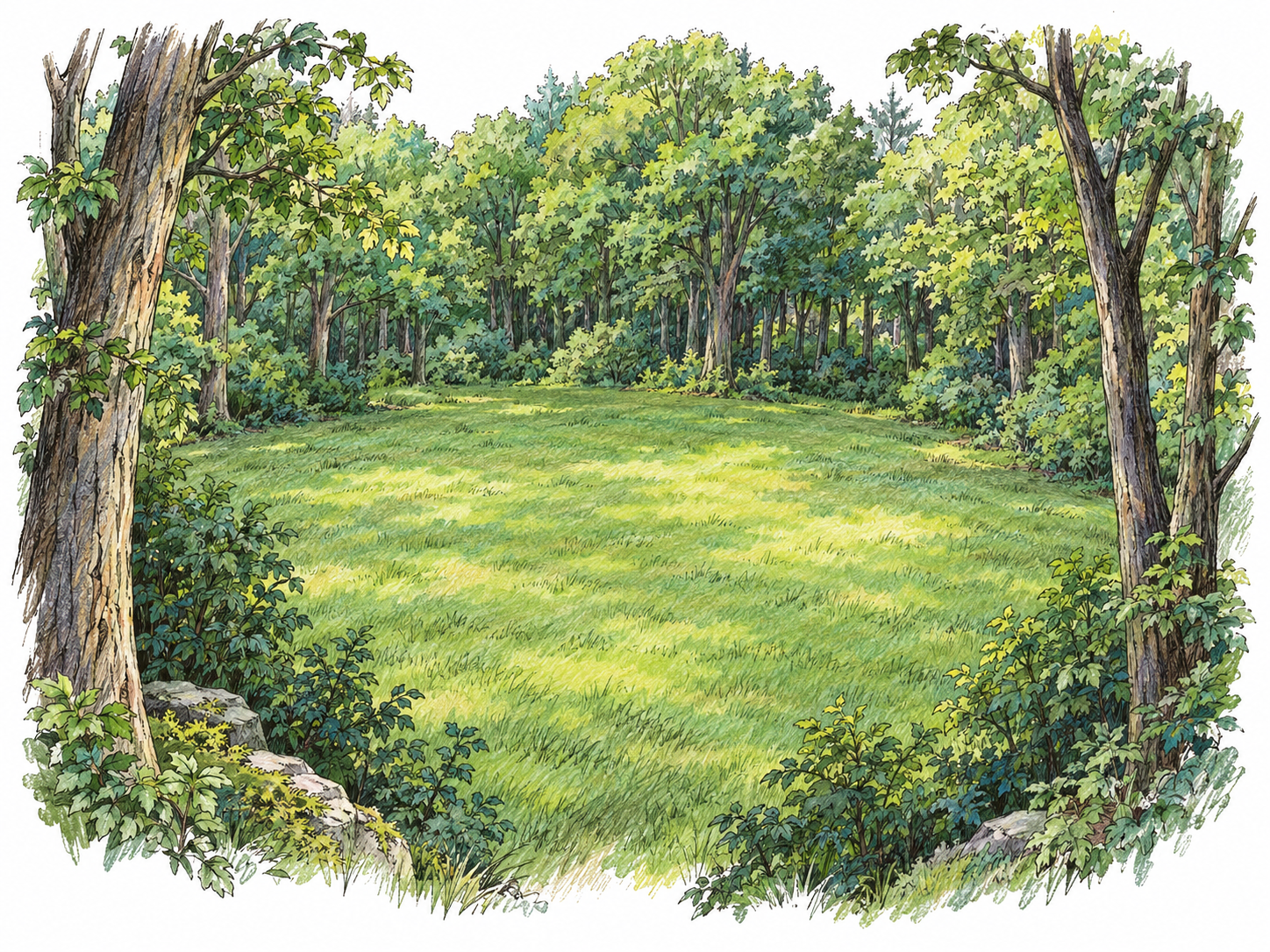 A sunlit grassy clearing visibly enclosed by forest, with an uninterrupted open center and trees around its perimeter.