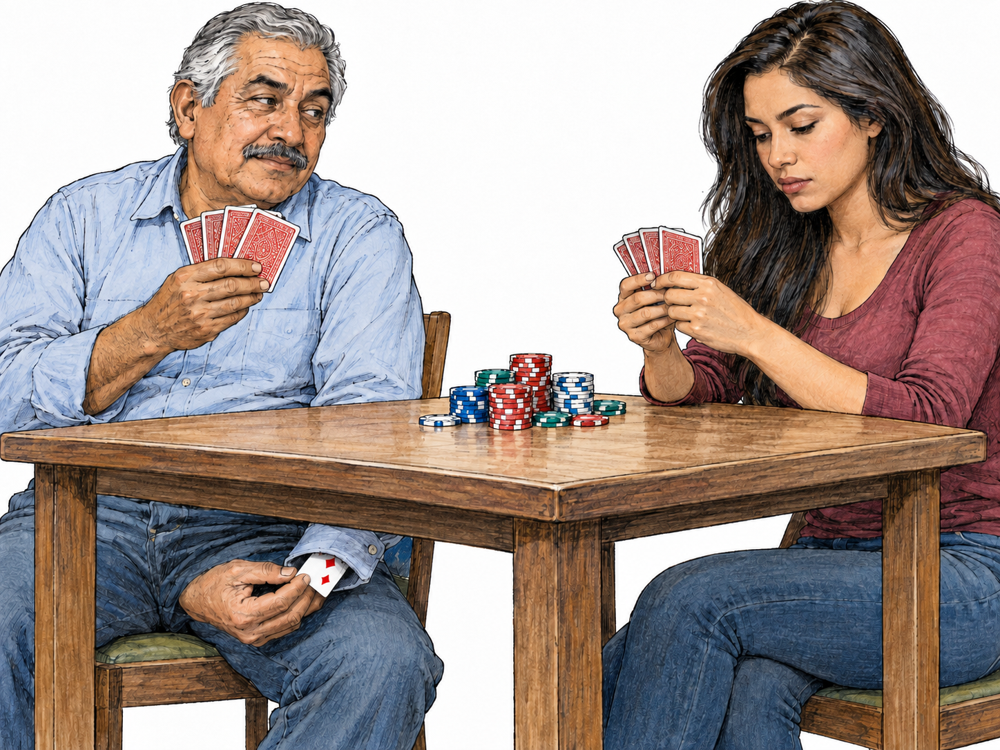 A card player secretly draws an extra card from his sleeve beneath the table while presenting an innocent expression to his opponent; poker chips make the advantage he seeks visible.