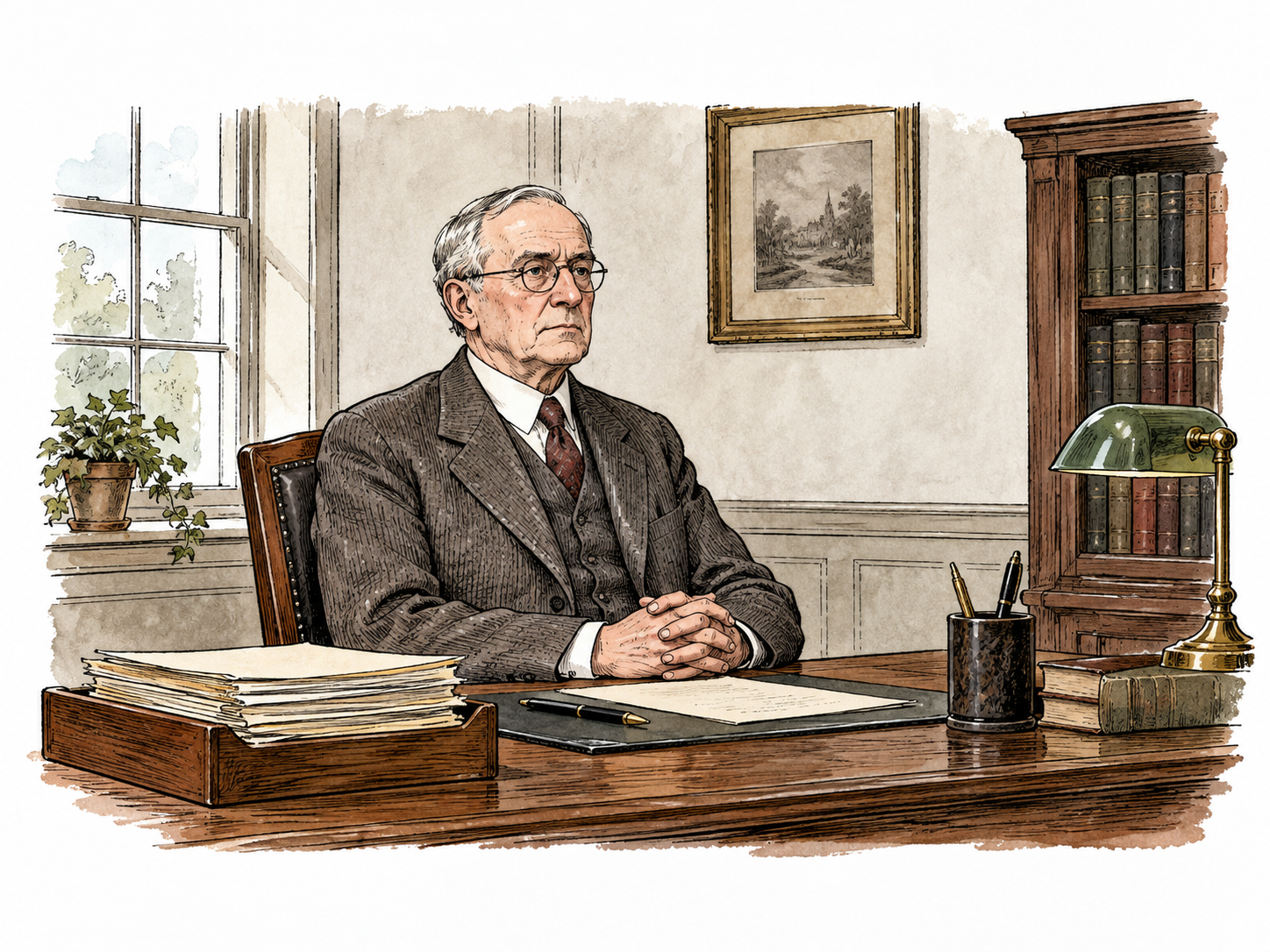 Conservatively dressed serious older white office worker seated upright in an old-fashioned quiet room.