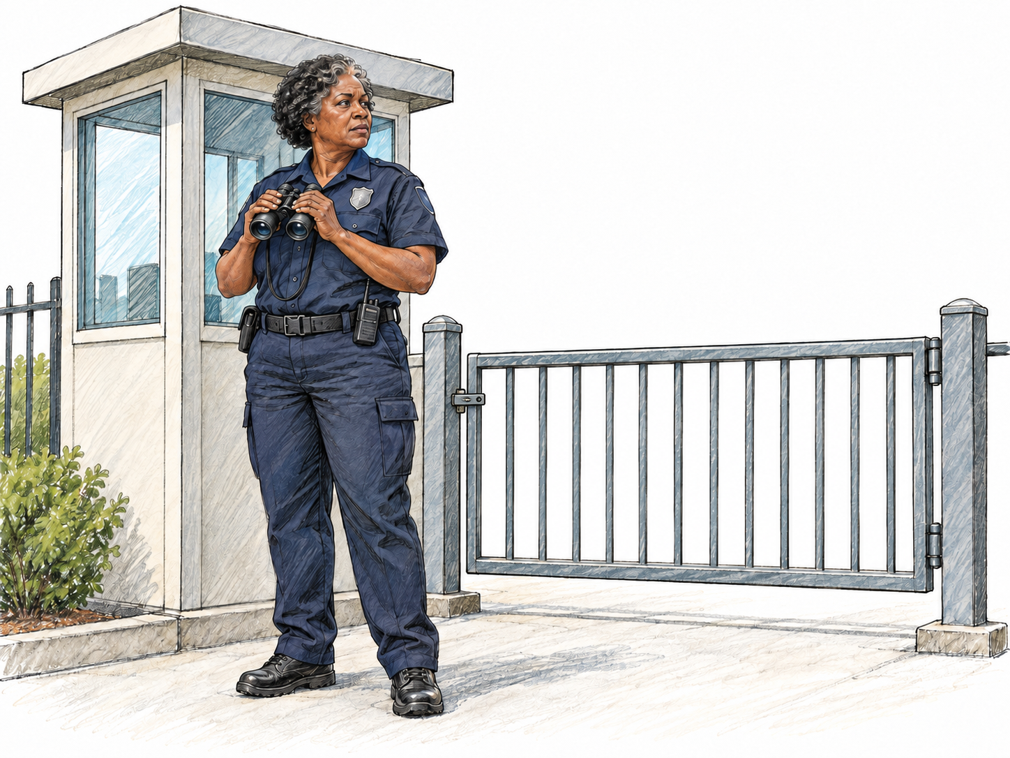 A uniformed sentry stands at a closed security gate beside a small guard booth, watching the approach with binoculars held ready.