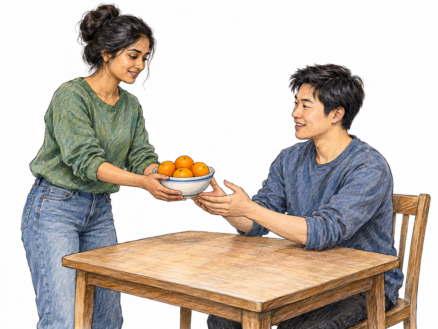 A woman brings a bowl of oranges to a table where a man is waiting, showing something being carried to a destination.