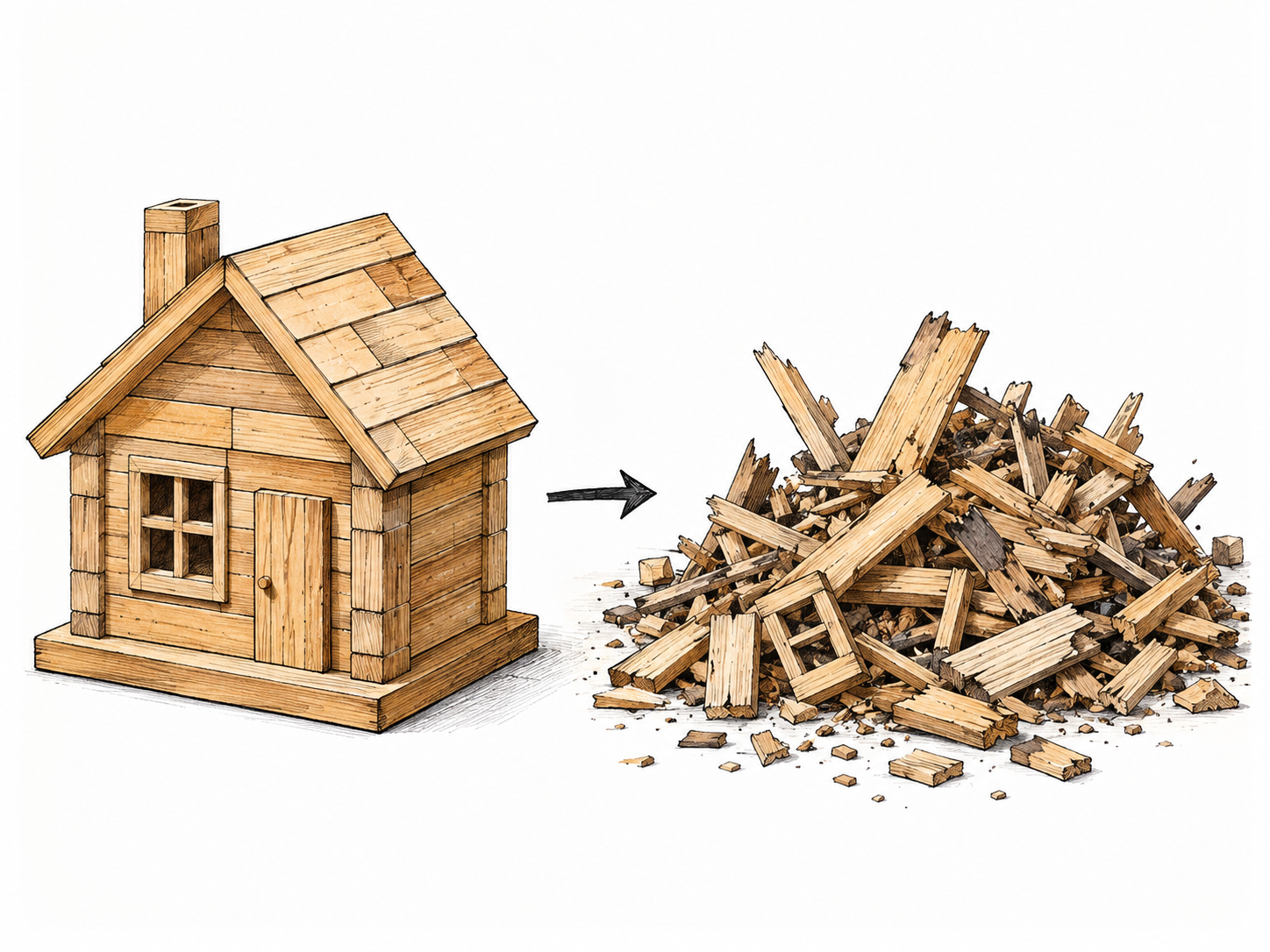 A small wooden model structure is shown before and after complete destruction into an unrecognizable debris heap; no casualties or real disaster claim.