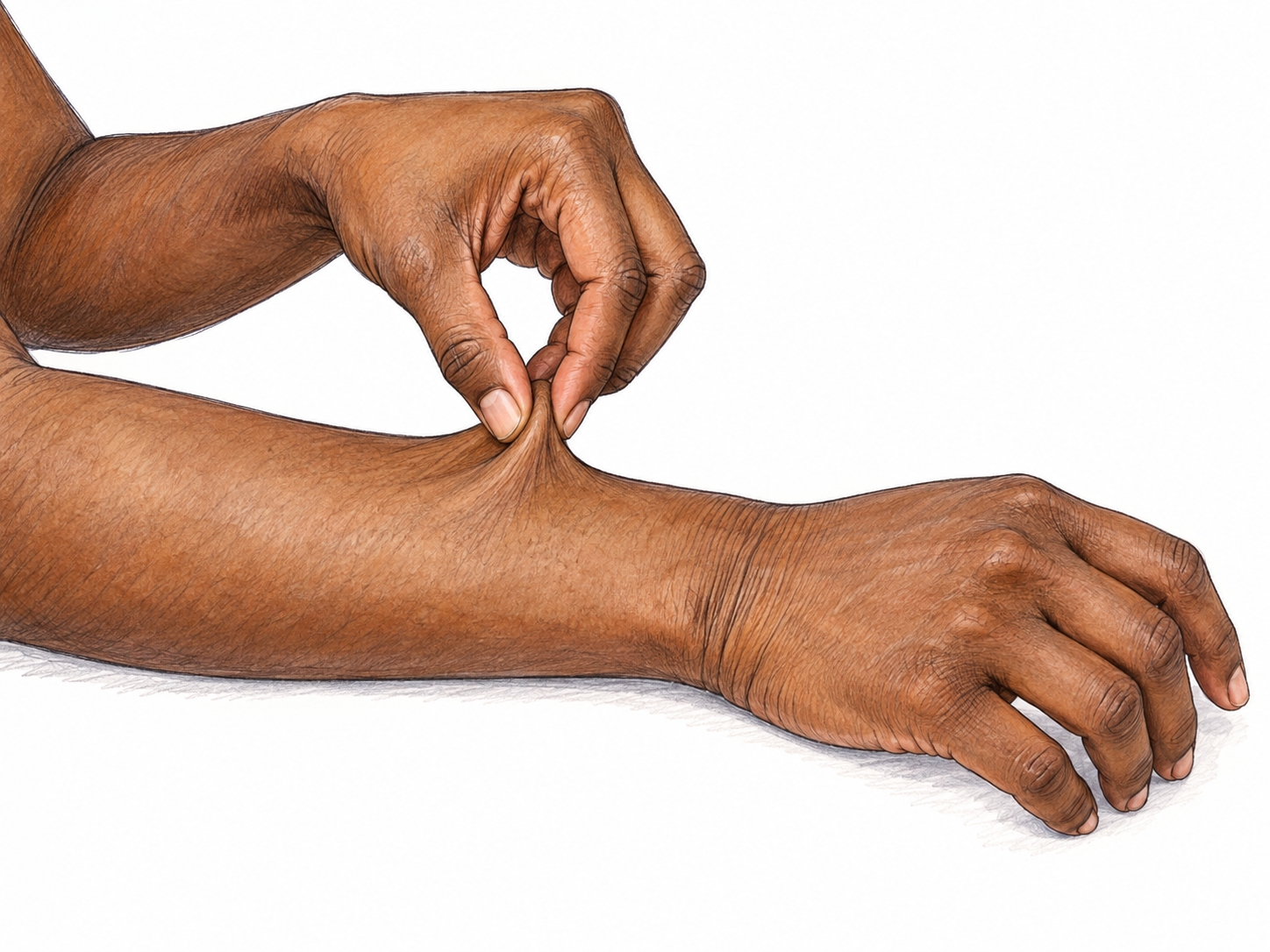 A close view of a woman's bare forearm and hand, with her other hand gently lifting a small fold of healthy skin to make the body's flexible outer covering visible.