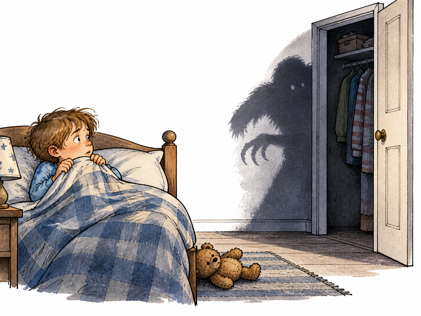 A child in pajamas imagines a shadowy bogeyman near a closet; shadow is clearly a fantasy silhouette, no attack.