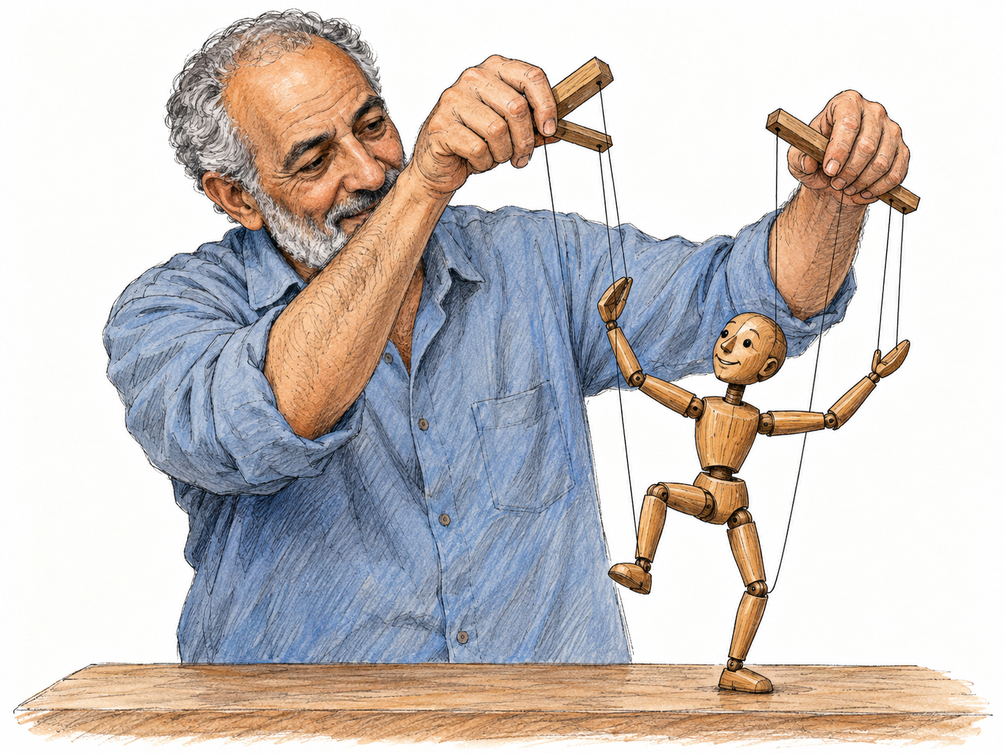 A puppeteer gives movement to an otherwise lifeless wooden marionette, lifting its articulated limbs into a lively dancing pose through visibly taut strings.