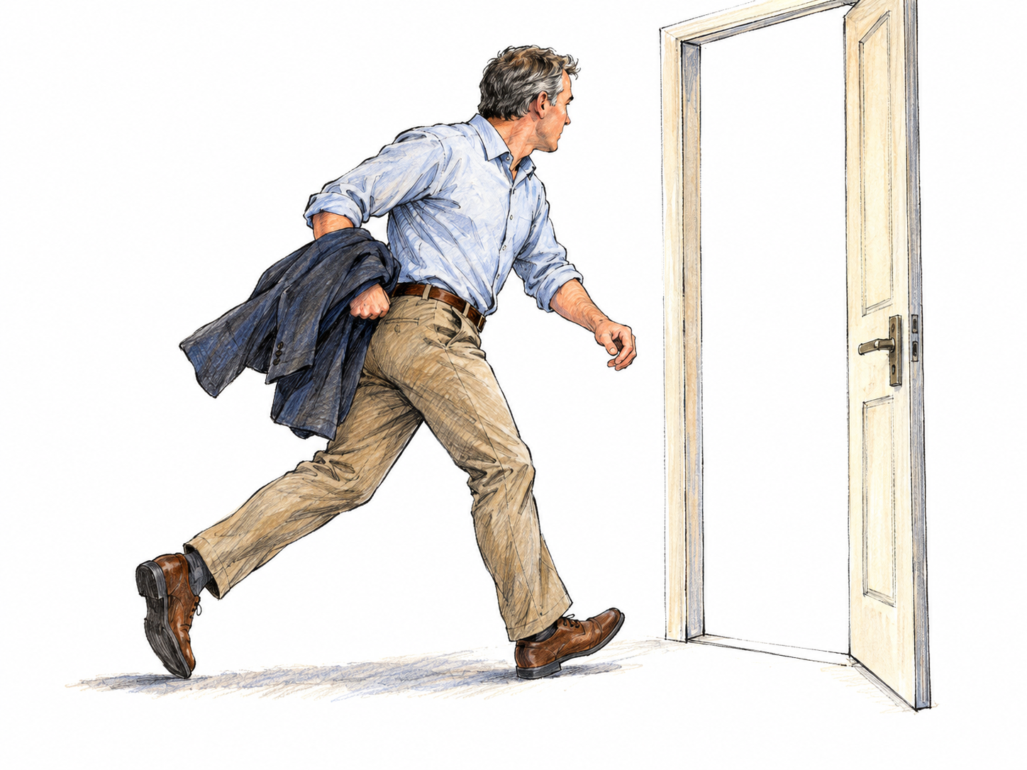 A middle-aged white man hurries toward an open doorway, caught mid-stride with his jacket over one arm and his body leaning forward in haste.