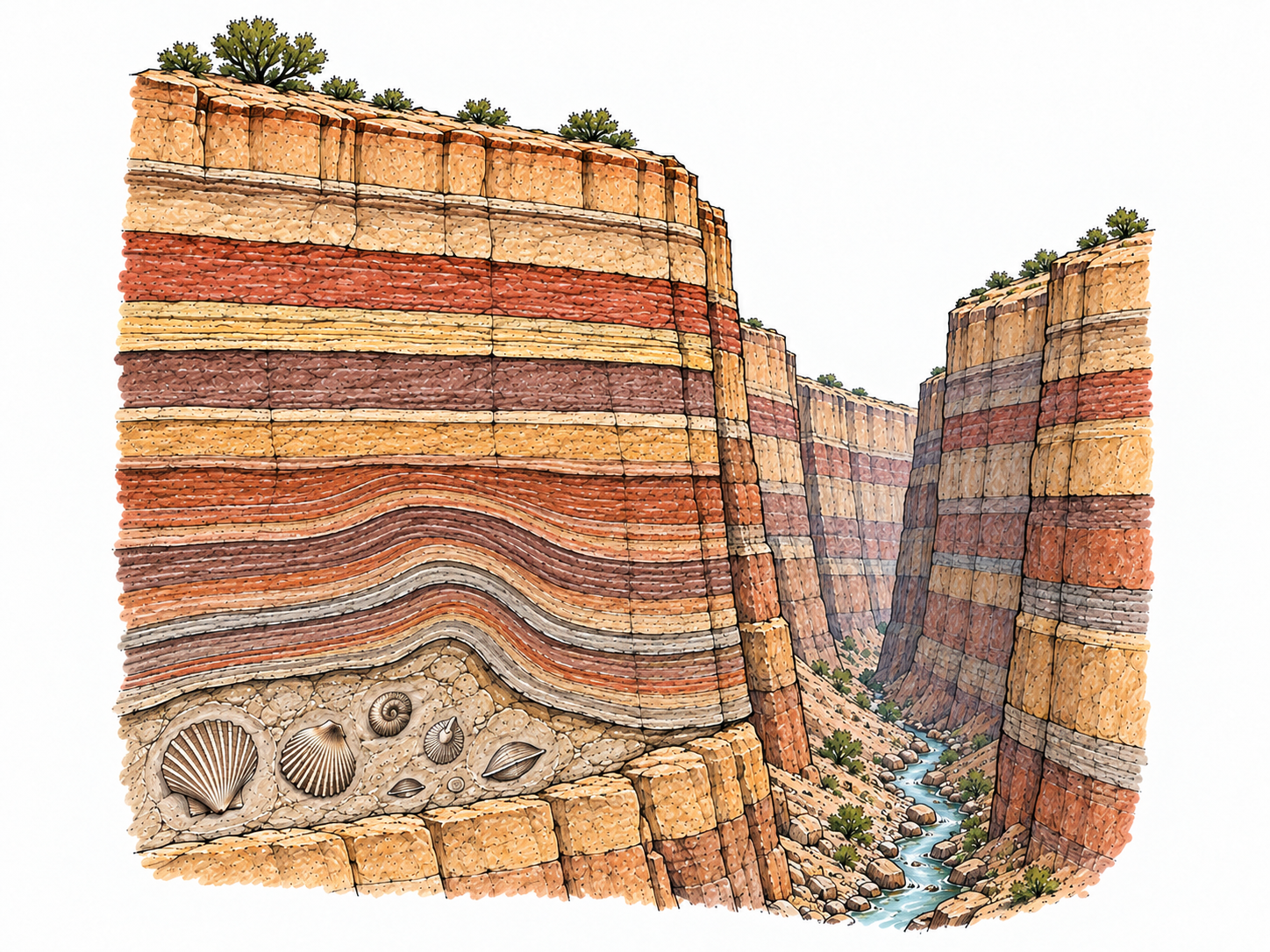 A deeply eroded canyon exposes many successive rock layers, with ancient marine fossils embedded far below the living vegetation at its rim: a tangible record of an extremely long passage of time.