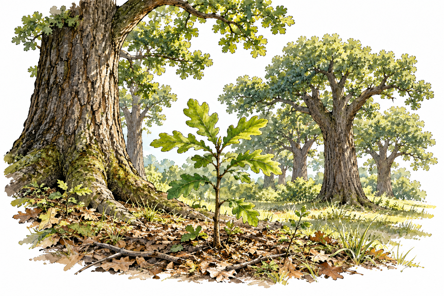 An oak sapling grows naturally among mature local oaks, belonging to its place of origin.