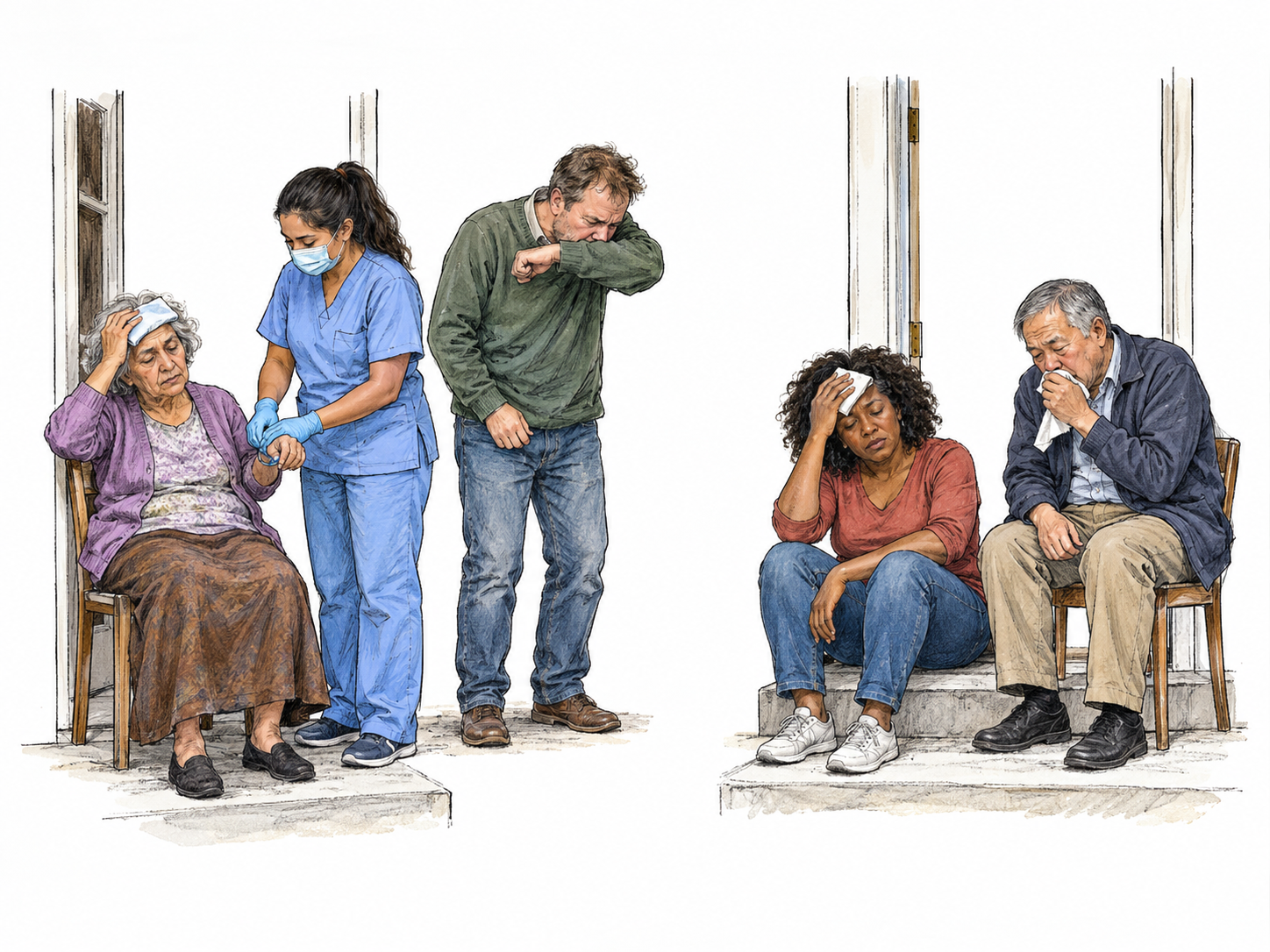 A neighborhood outbreak shown across two adjacent doorsteps: four residents display matching signs of illness while a masked clinician checks an elderly resident's wrist.