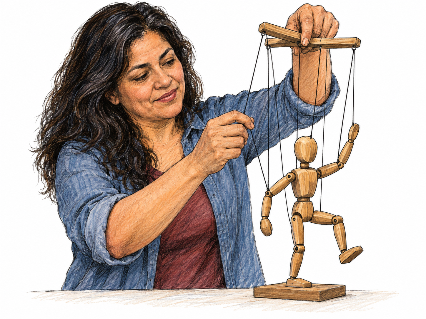 A puppeteer skillfully controls a wooden marionette with a hand-held crossbar, with taut strings visibly connecting her hand movements to the puppet’s raised arm and lifted leg.
