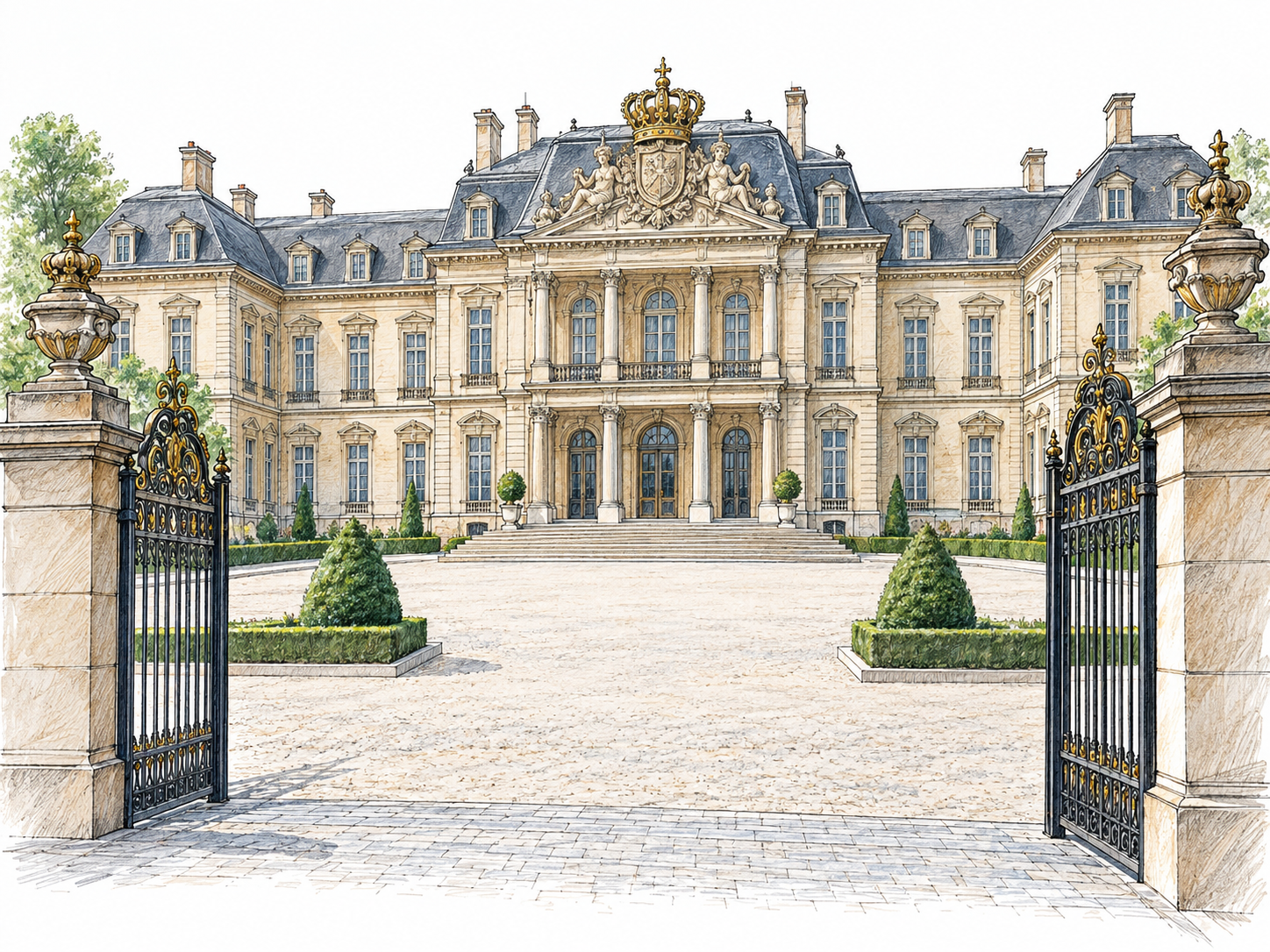 A grand royal residence seen through open ceremonial gates, with long symmetrical residential wings, a monumental central entrance, a royal crown crest above the doorway, and a restrained formal forecourt.