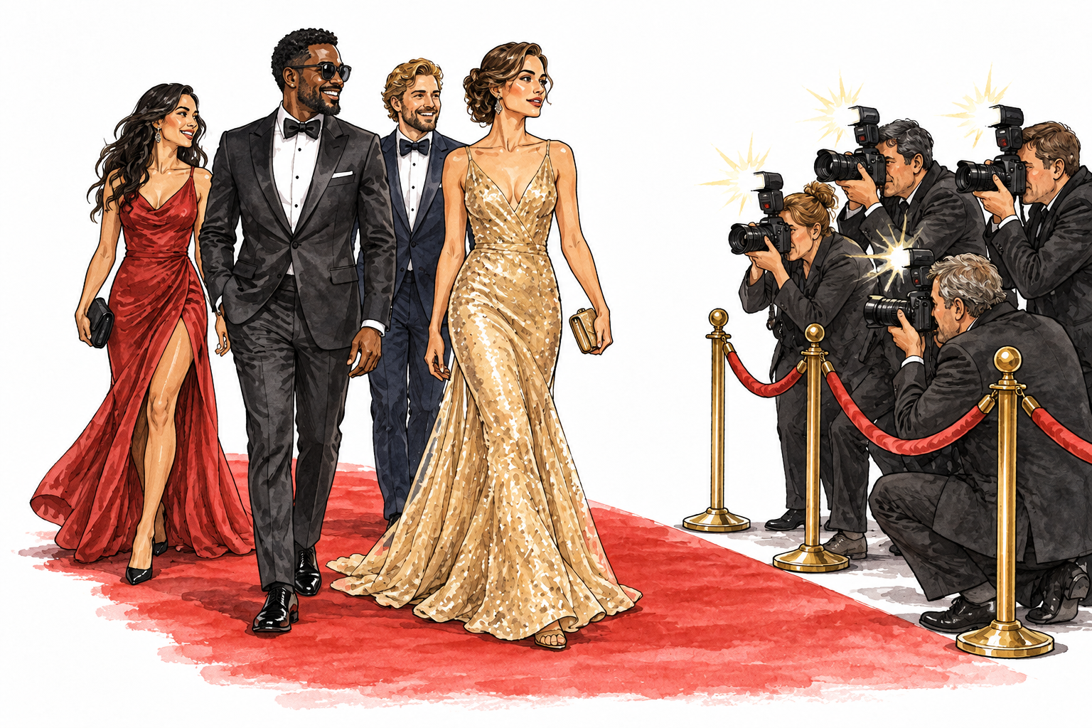 A small group of fashionable adult celebrities in elegant evening clothes arrives on a red carpet while press photographers behind a rope photograph them.
