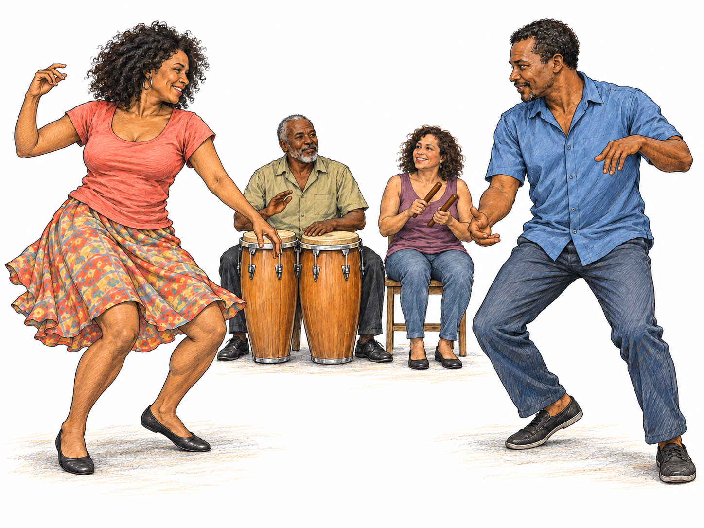 An Afro-Cuban rumba pair dancing energetically in an open, separated stance beside a conga drummer and a clave player; bent knees, grounded footwork and responsive body gestures distinguish the scene from ballroom dancing.