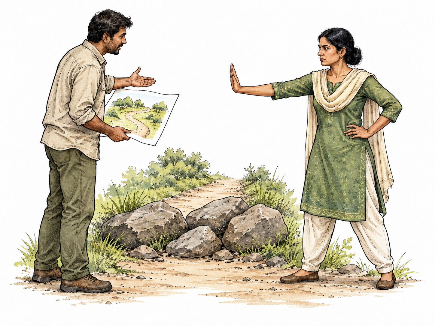 A South Asian adult holds a steady open palm against a proposed blocked path while another presents the plan.