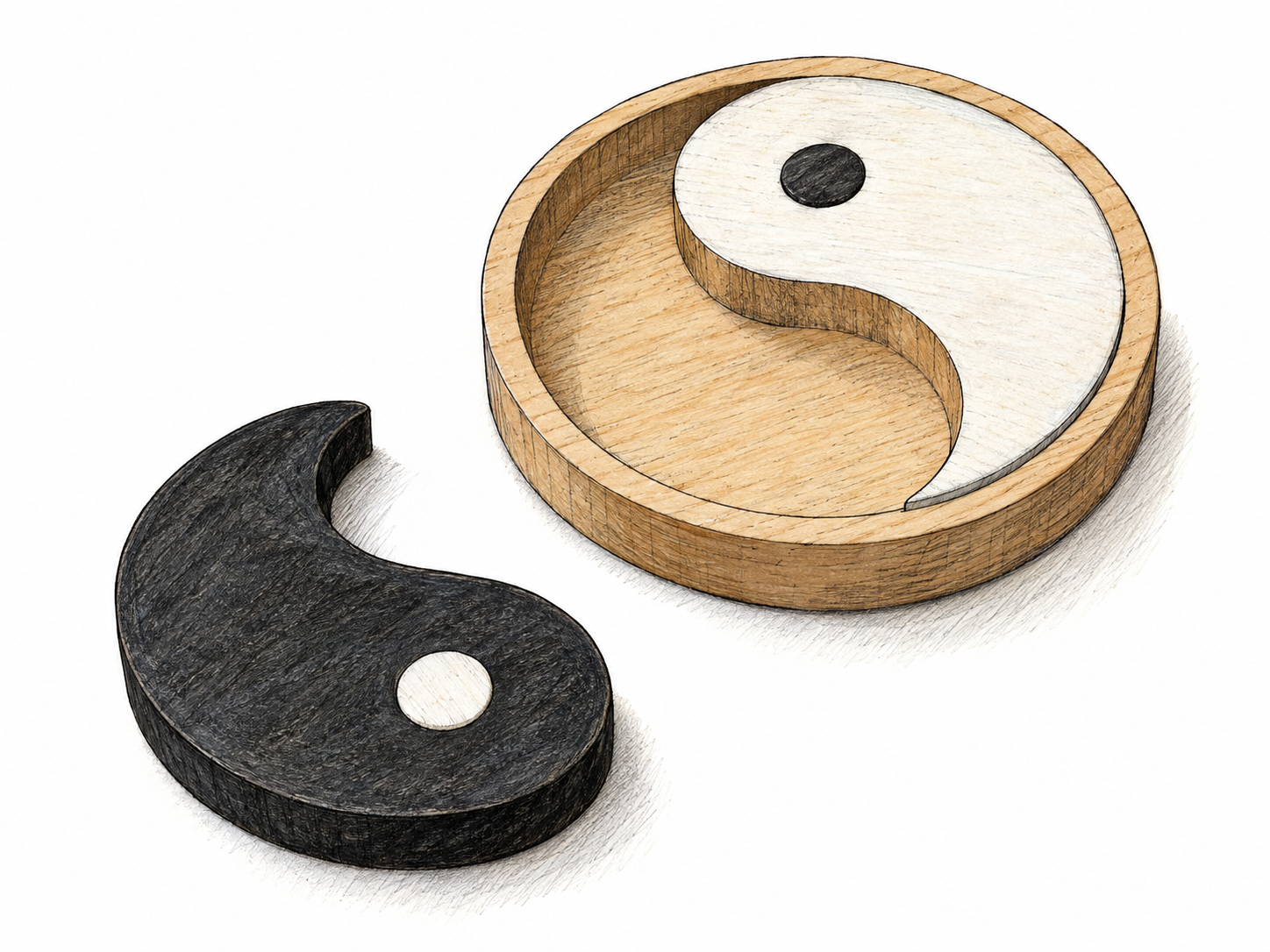 Single out yin as the dark component of a physical taijitu inlay: its dark, white-dotted piece lies prominently in front of the circular backing, whose matching empty recess makes the selection explicit.