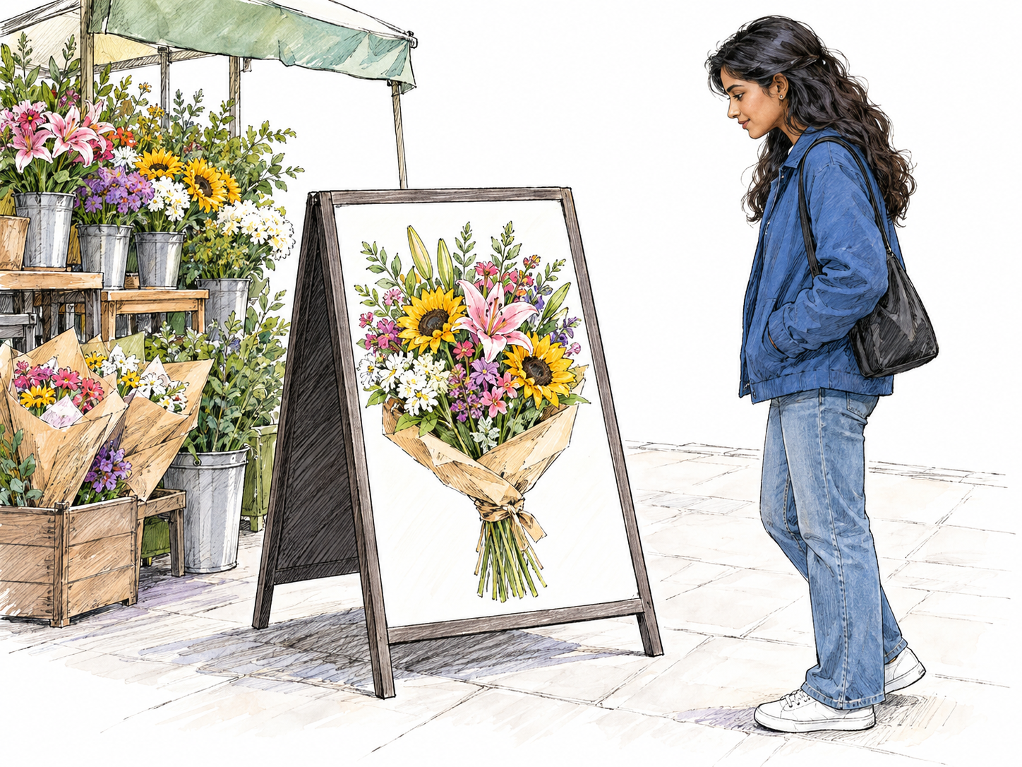 A freestanding pavement advertising board beside a small flower stall, its face filled by a clear large drawn bouquet identical to the bouquets offered on the stall.