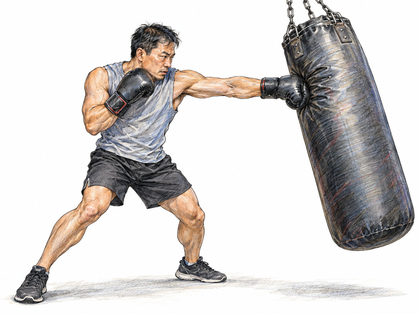 A man delivers a forceful boxing punch to a heavy punching bag, visibly compressing its surface and driving it sharply sideways.