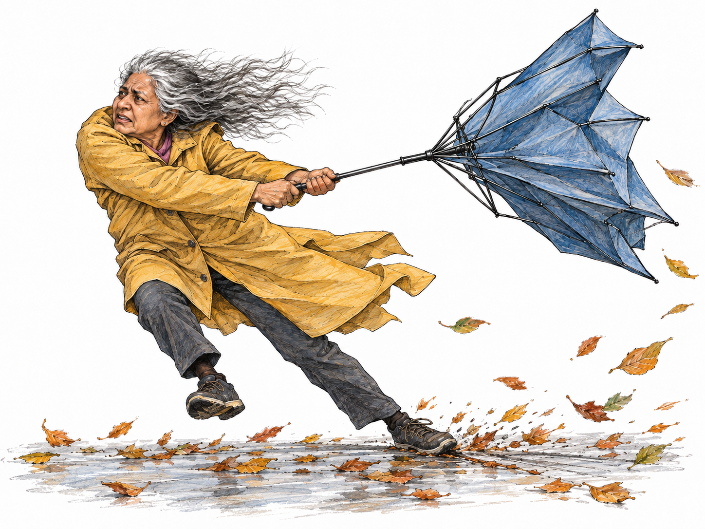 An overpowering gust defeats a woman's visible effort to stand firm: she leans into the wind with bent knees, but her shoes skid backward and her umbrella turns inside out.