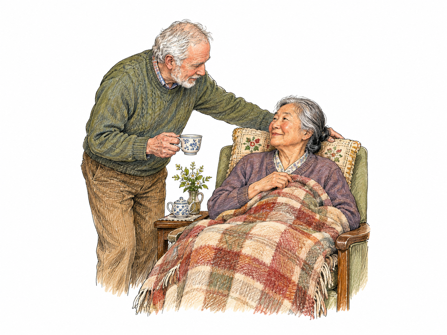 Caregiver offers tea and adjusts a cushion for older friend seated under blanket, attentive comfort and welfare.